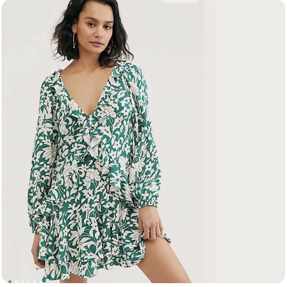 Free People Rebecca Floral Ruffled Dress Emerald Green Size Large